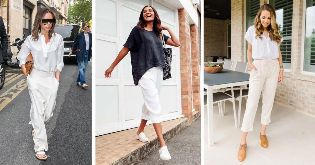 White Linen Pants With Basic Tee and Sneakers Casual Outfit